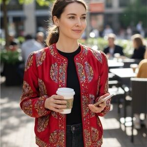 Vibrant Red Embroidered Women's Bomber Jacket